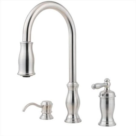 PRICE PFISTER Price Pfister GT526TMS Hanover Pullout Spray Professional Kitchen Faucet with Soap Dispenser in Stainless Steel GT526TMS